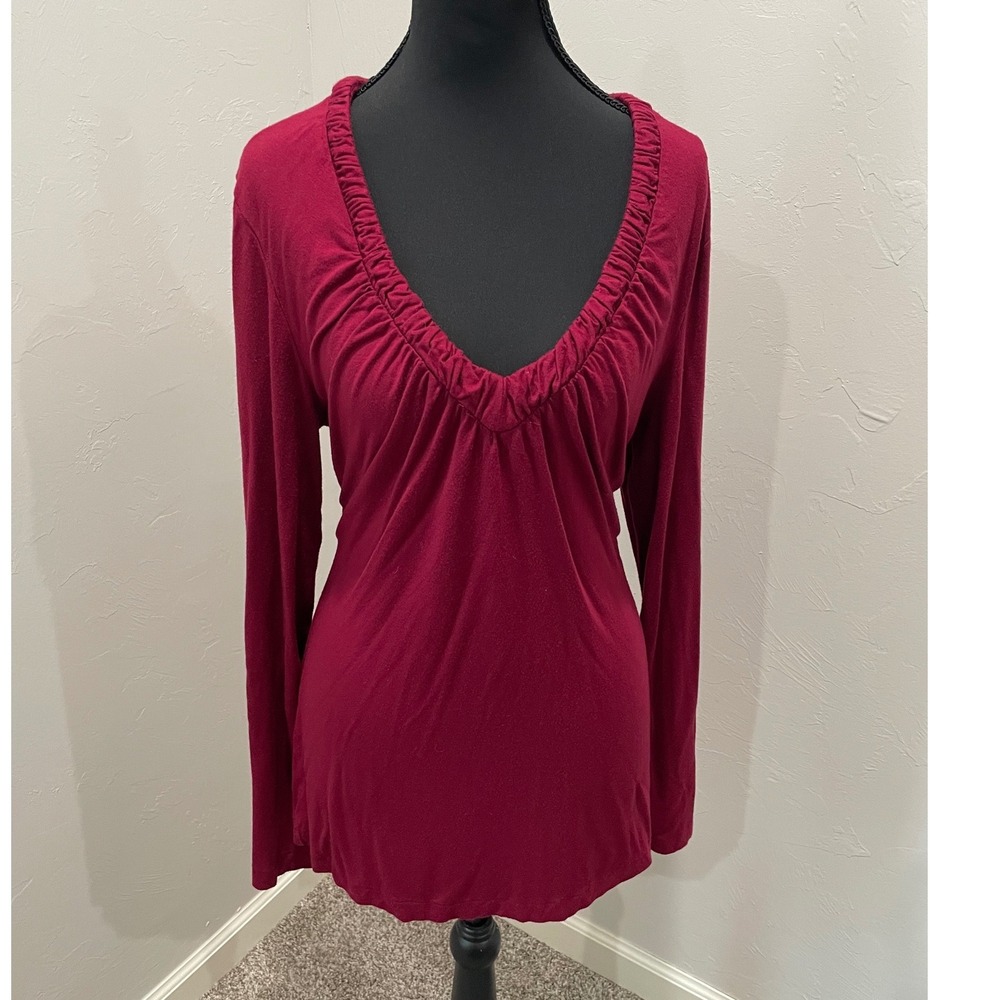 Banana Republic Women XL Red Ruched V-Neck Long Sleeve Top Berry Rayon Blend